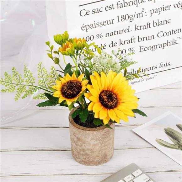 Sunflower Artificial Flowers Pot, Sunflower Decor, Yellow Fake Flower in Pots - Picture 3 of 7